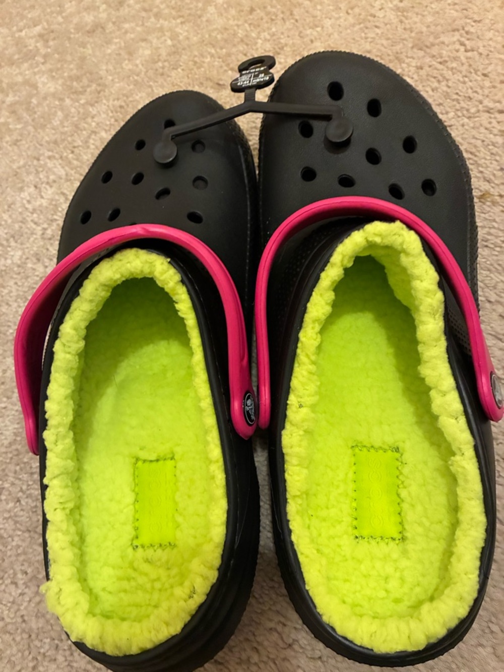 CROCS Black Slip-On Clogs with Pink Strap and Neon Yellow Lining - Picture 2 of 3